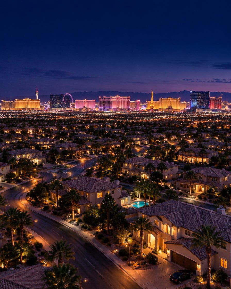 Aerial view of Las Vegas valley homes at blue hour with the Strip glowing in the distance