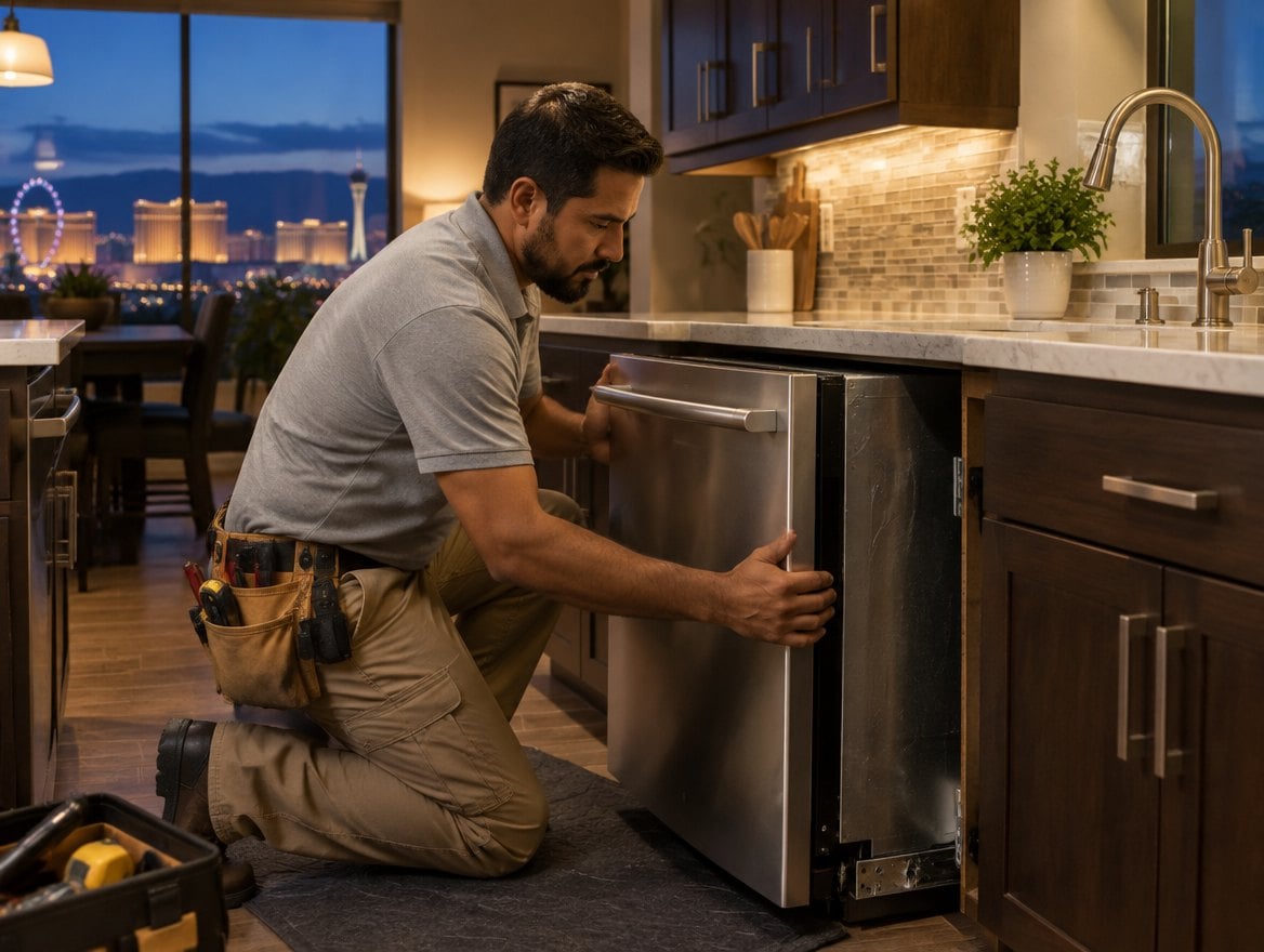 Handyman sliding a new washing machine into a laundry room