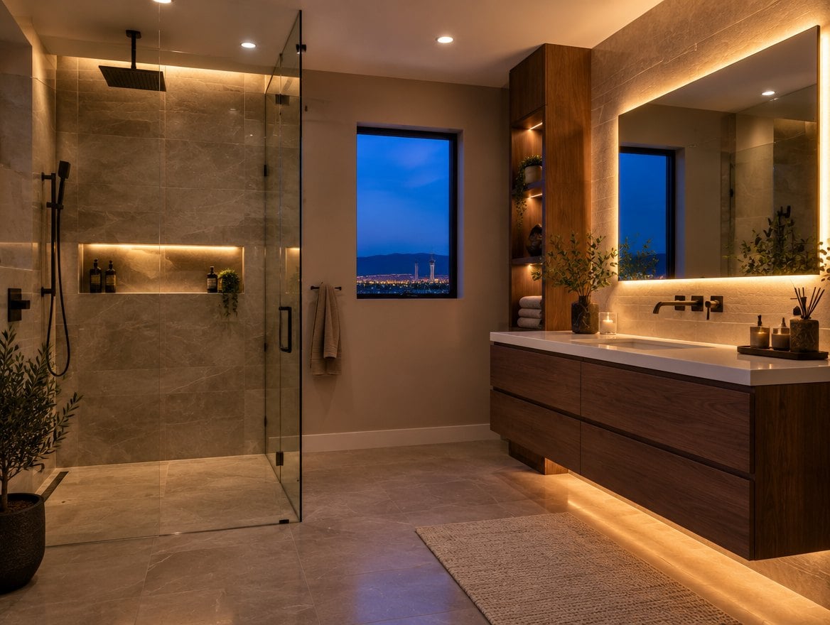 Modern bathroom with a large-tile walk-in shower and a floating vanity