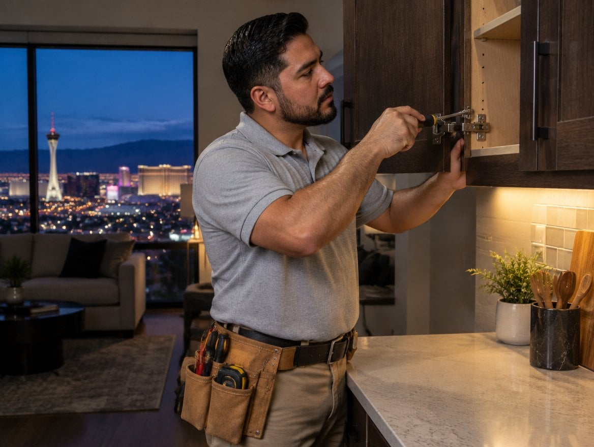 Handyman in a plain black work shirt adjusting a kitchen cabinet hinge with a screwdriver