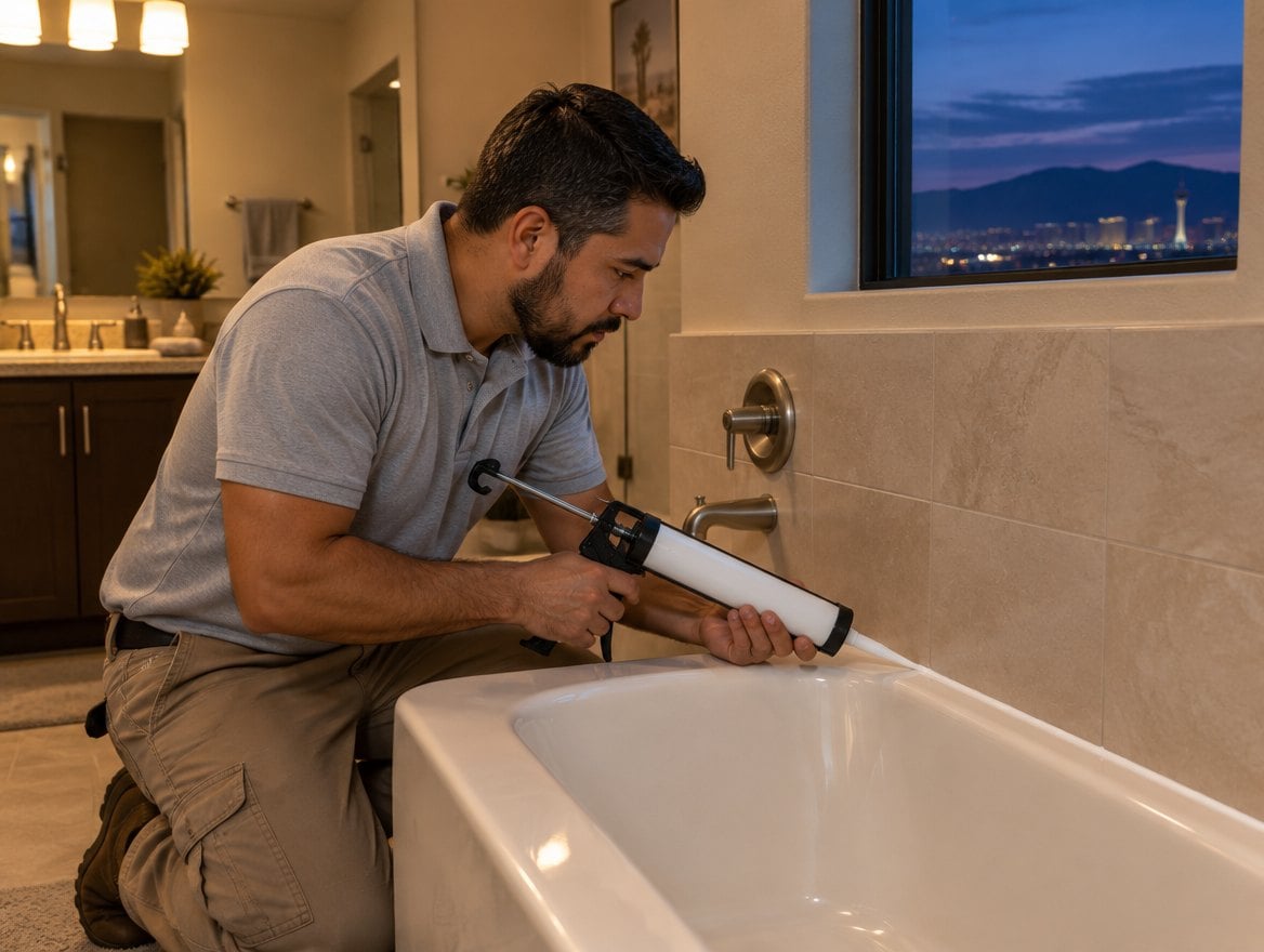 Handyman in a plain black work shirt running a fresh bead of caulk along a bathtub