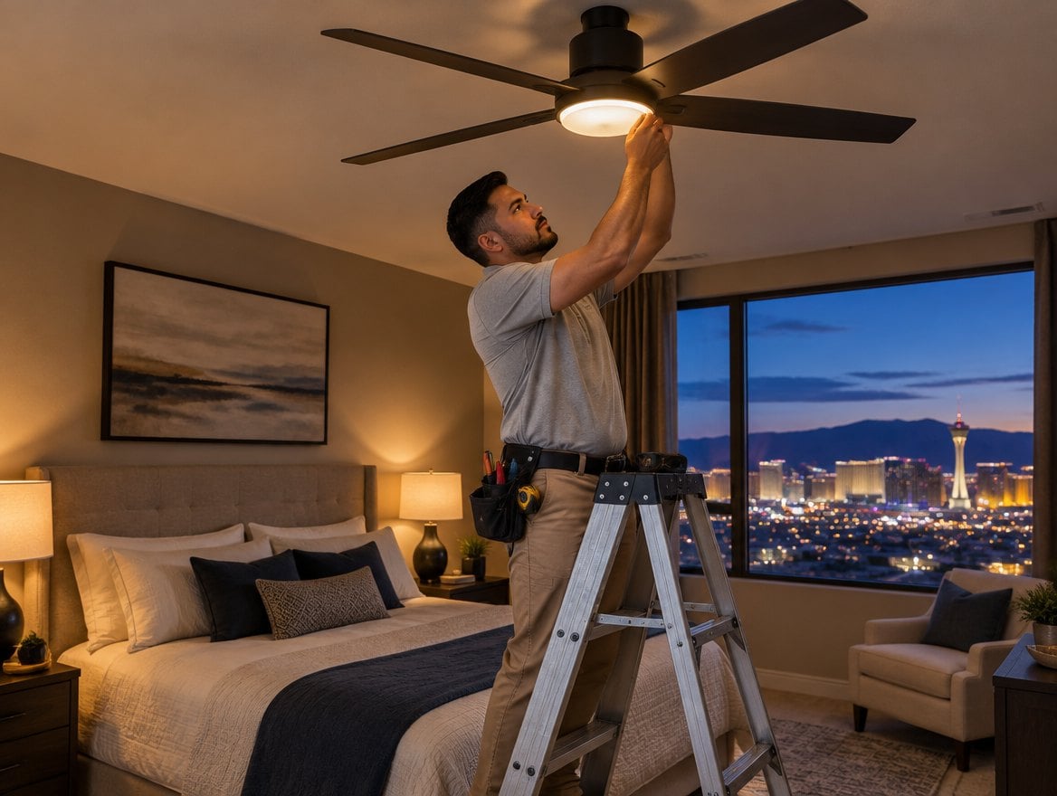 Handyman on a ladder installing a ceiling fan in a bedroom