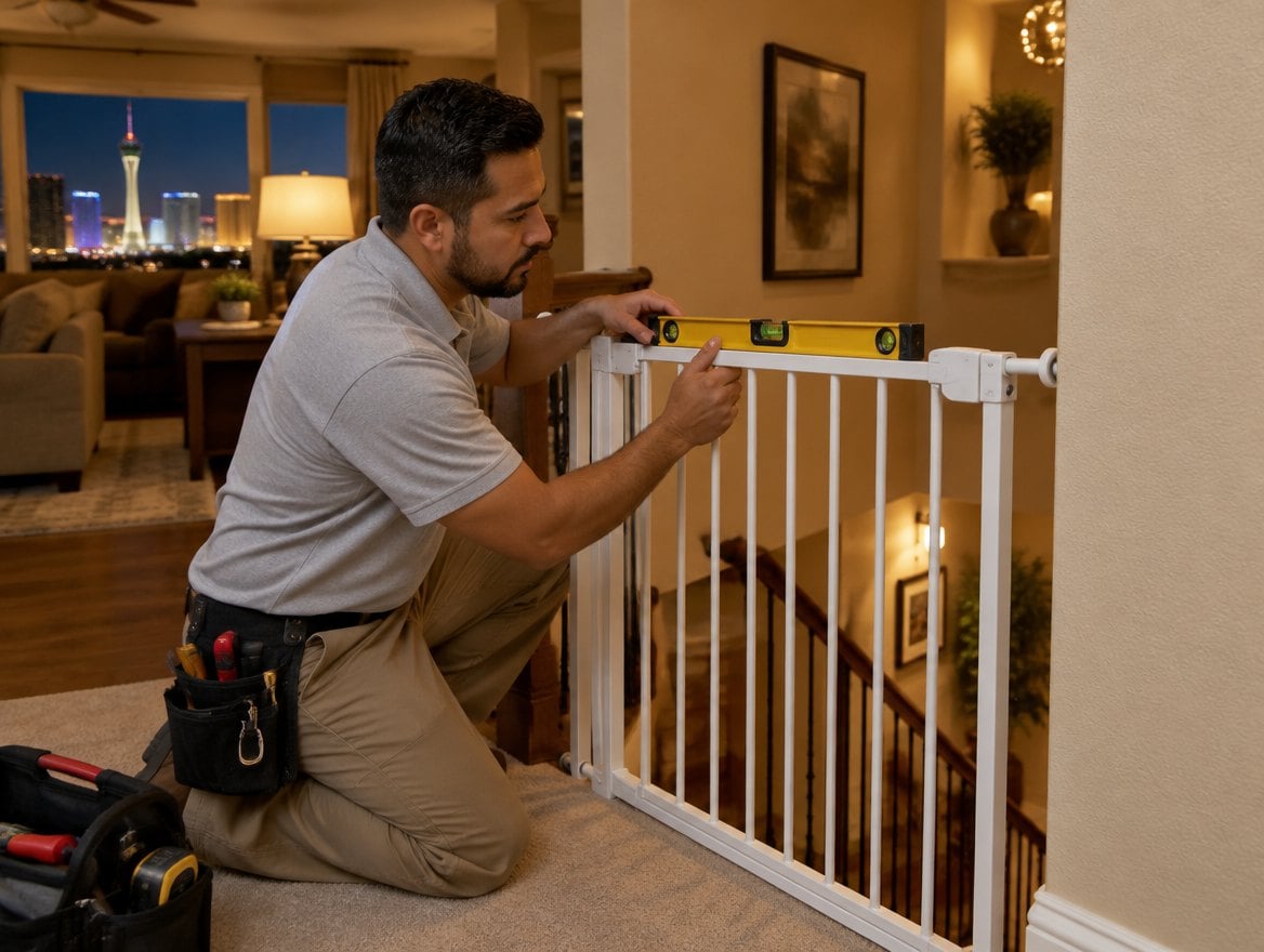 Handyman installing a baby safety gate at the top of a staircase