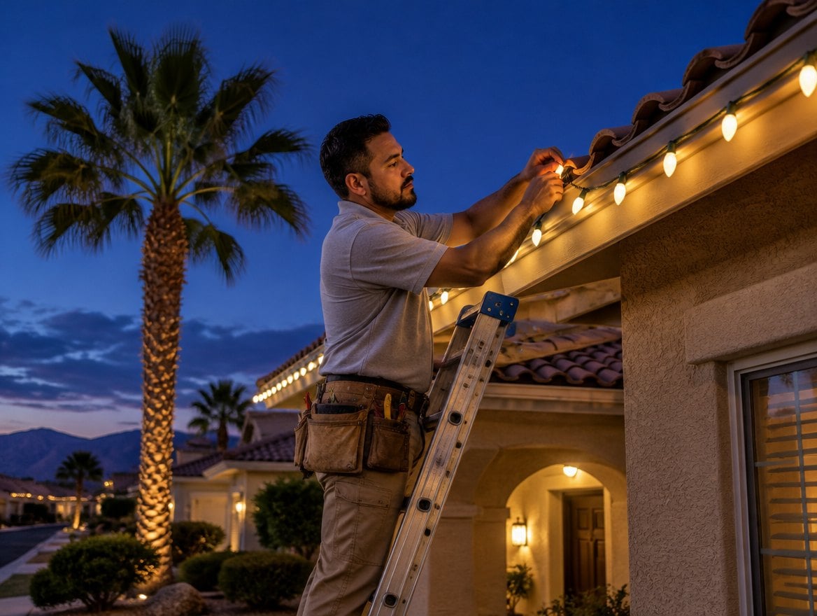 Handyman on a ladder hanging Christmas lights on a stucco home at dusk