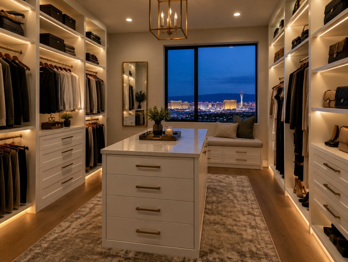 Walk-in closet with built-in shelving and drawers, handyman in a black work shirt installing a shelf