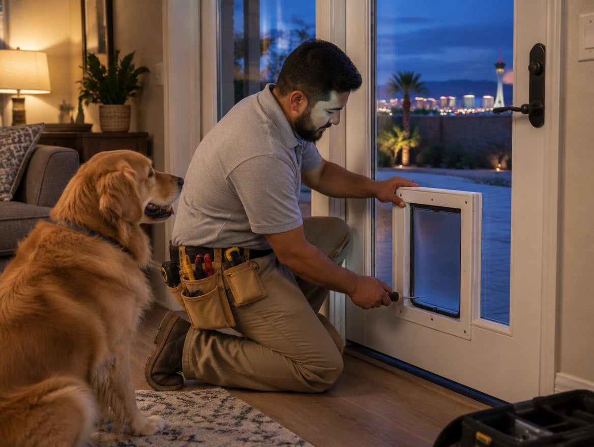 Dog walking through a pet door fitted in a back door that opens to a desert backyard