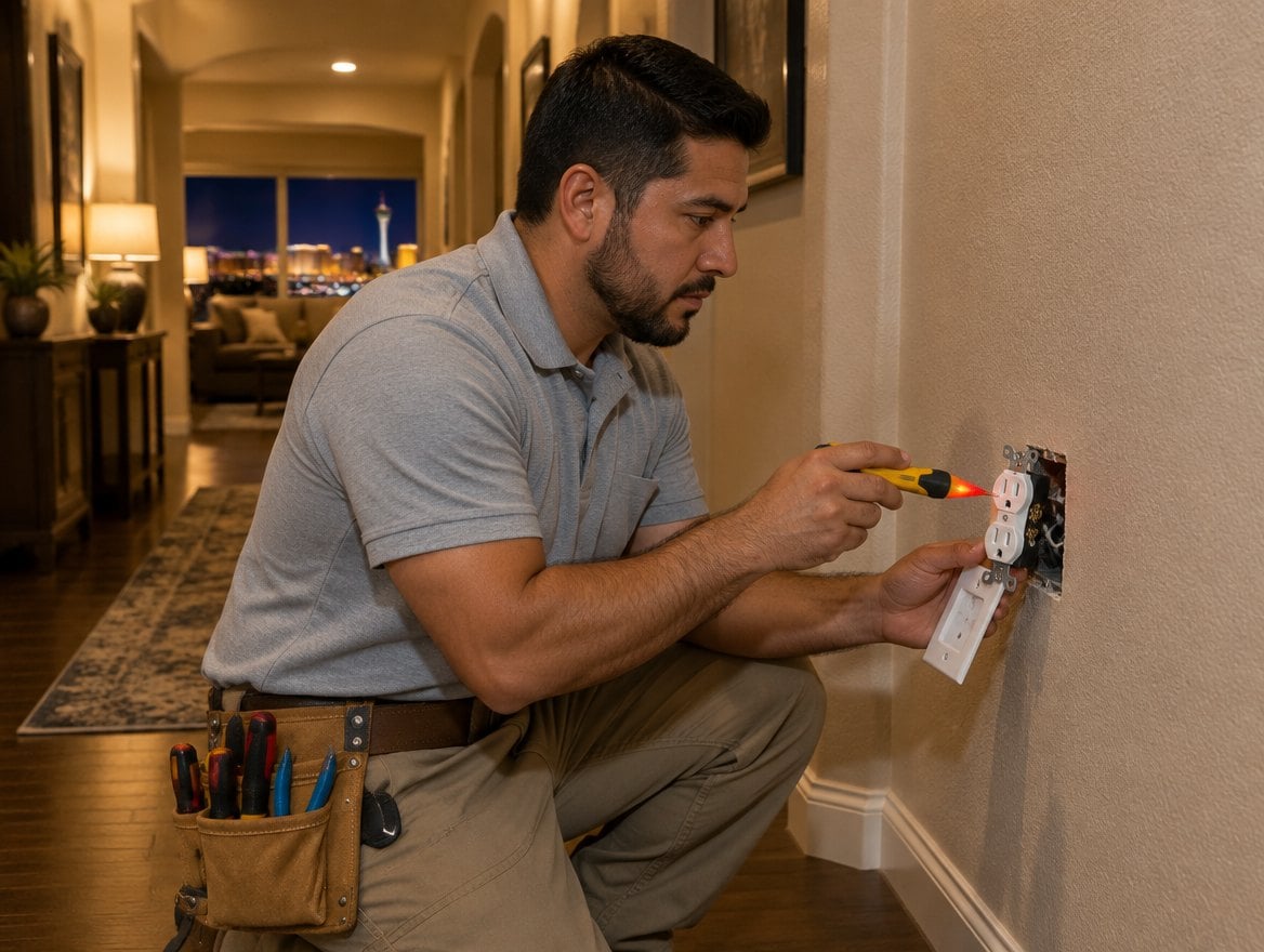 Handyman in a plain black work shirt replacing a wall outlet, voltage tester in hand