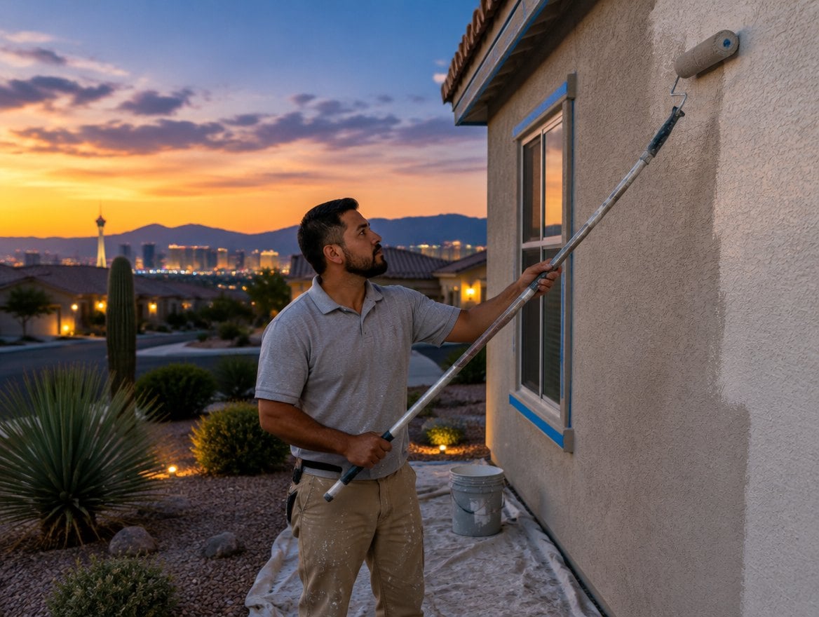 Handyman in a black work shirt on a ladder painting trim on a stucco home, Red Rock mountains in the background