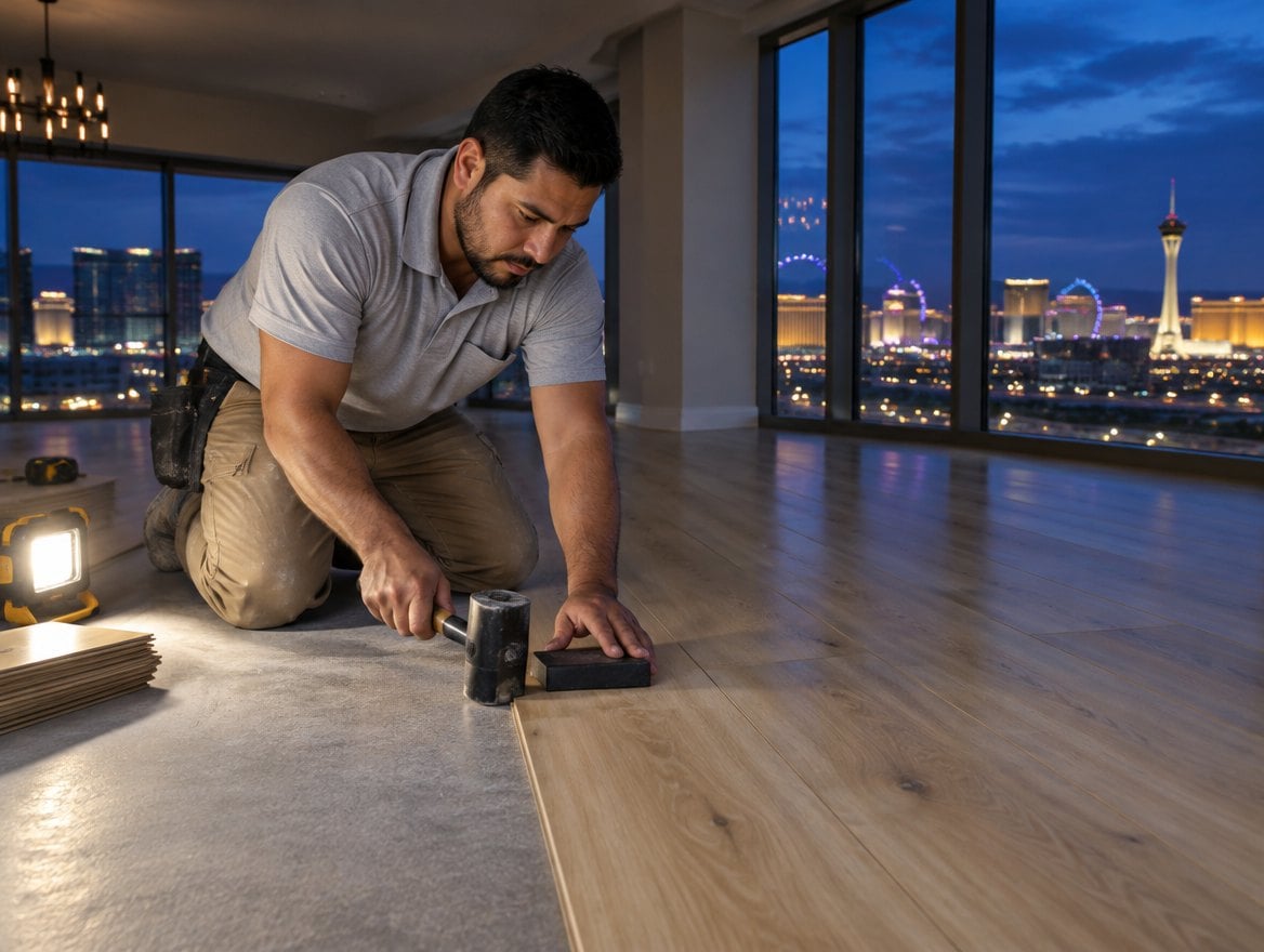 Handyman in a black work shirt laying luxury vinyl plank flooring