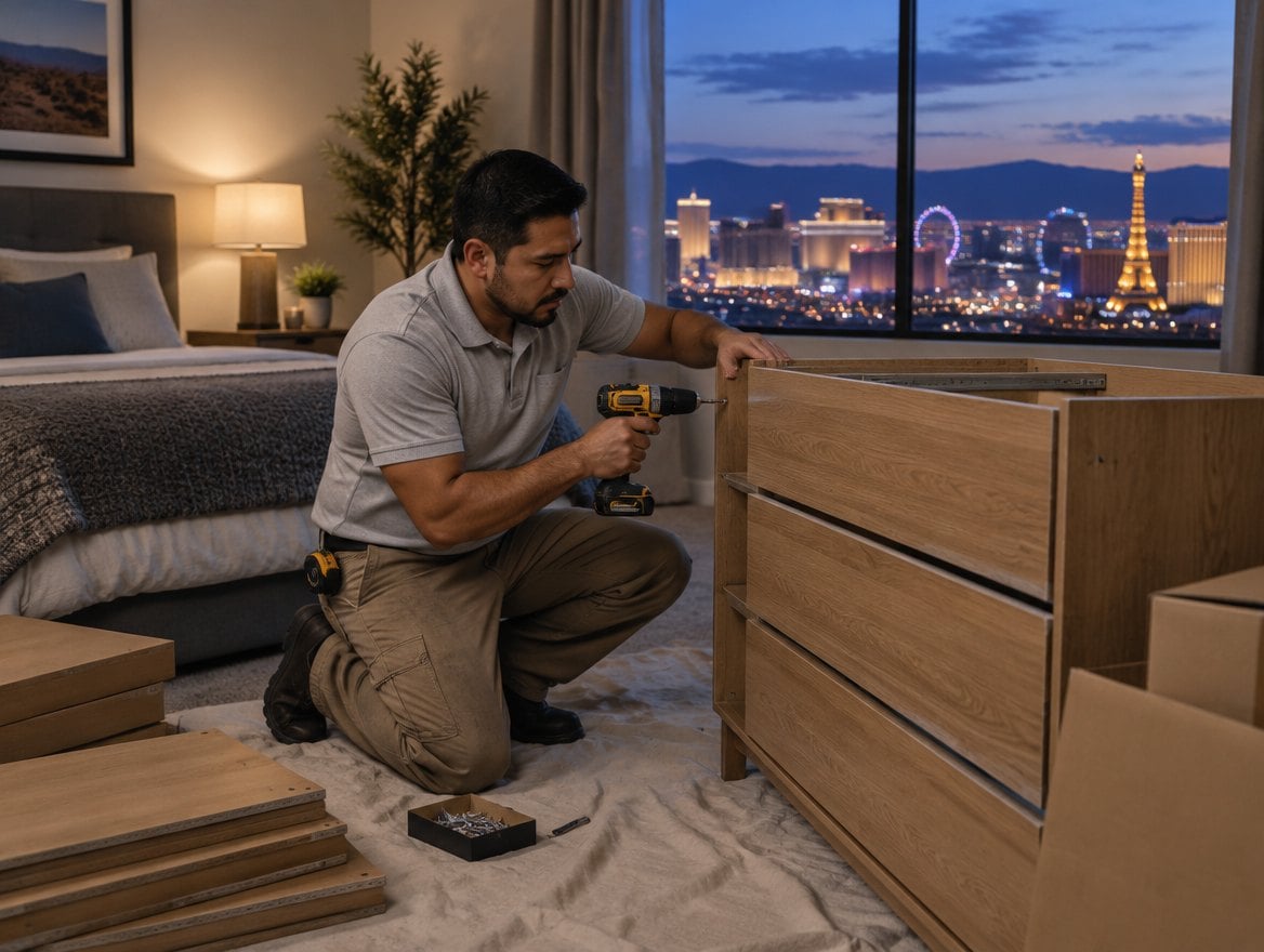 Handyman assembling a wardrobe in a bedroom