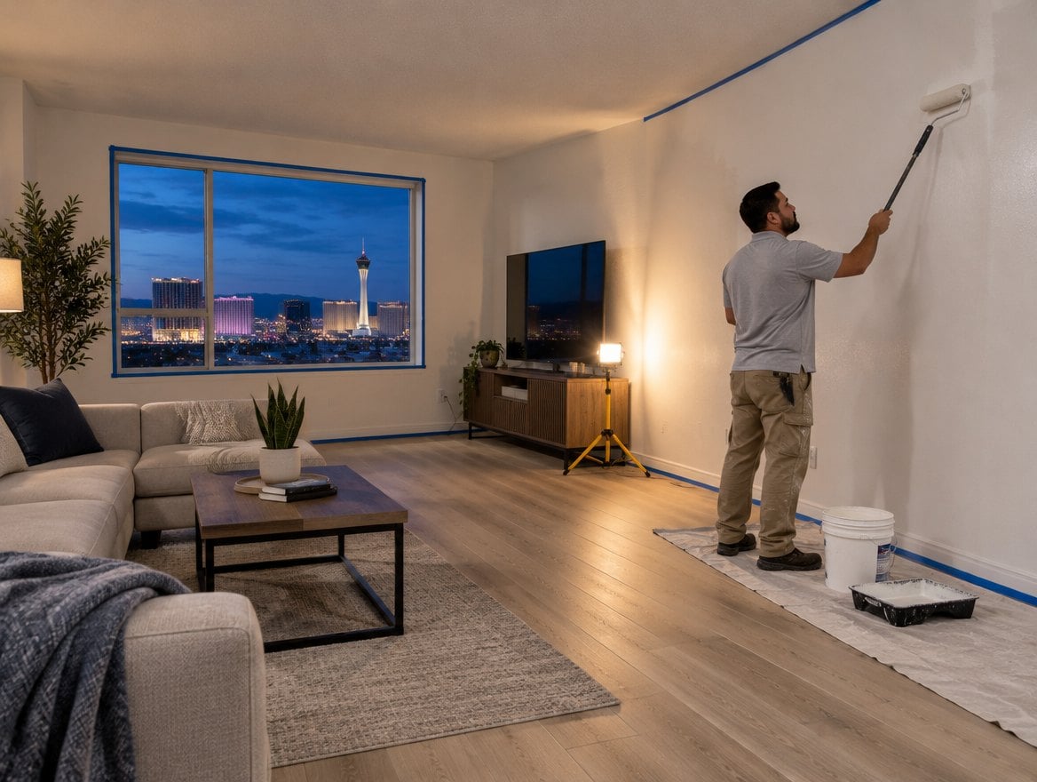 Handyman in a black work shirt rolling paint onto a living room wall, drop cloth spread on the floor