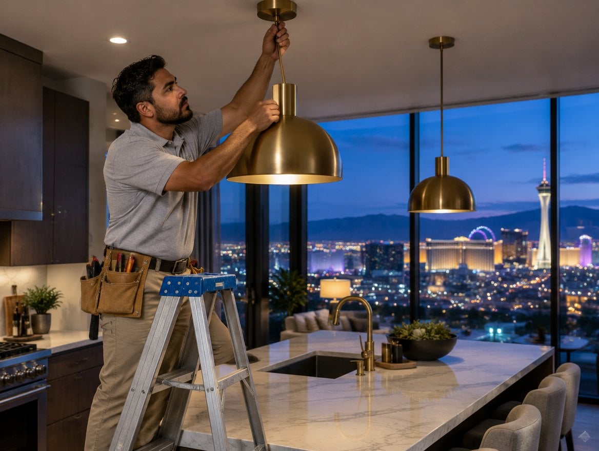Handyman installing a pendant light over a kitchen island