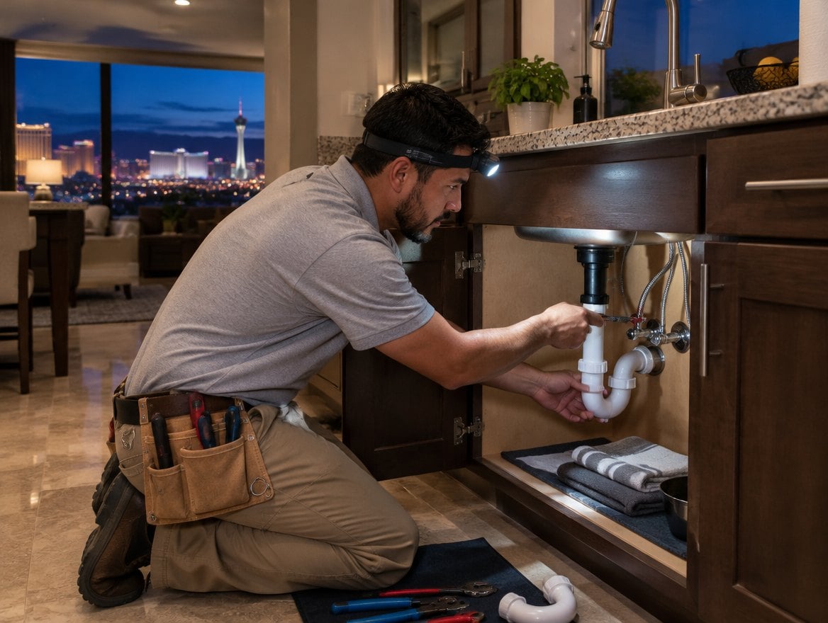 Handyman in a plain black work shirt working under a kitchen sink with a wrench