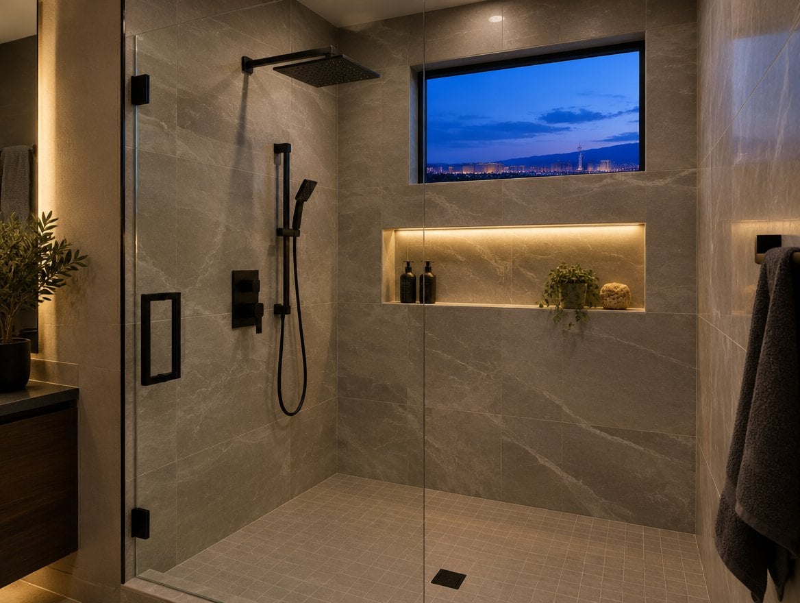 Walk-in shower with large-format tile and a glass panel, handyman in a black work shirt sealing the glass