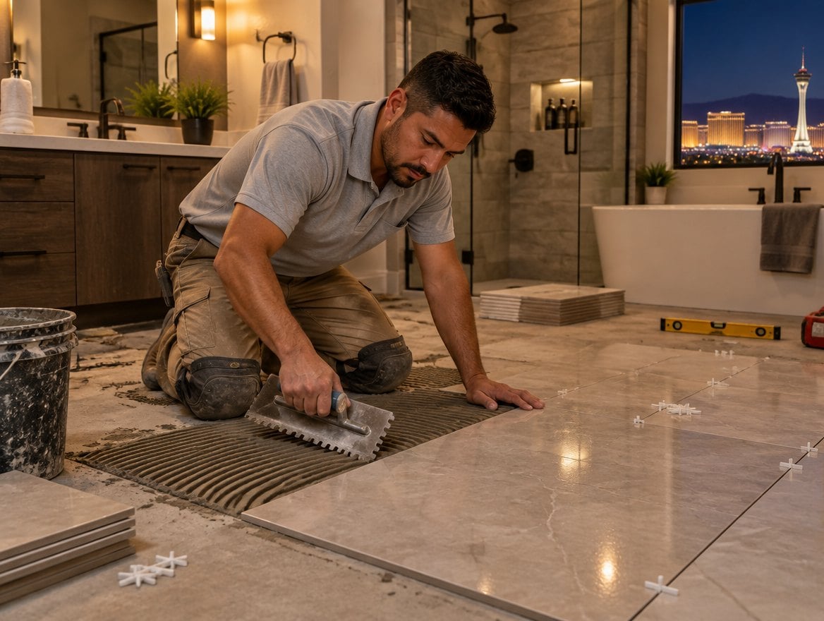 Handyman in a black work shirt setting large-format floor tile with spacers