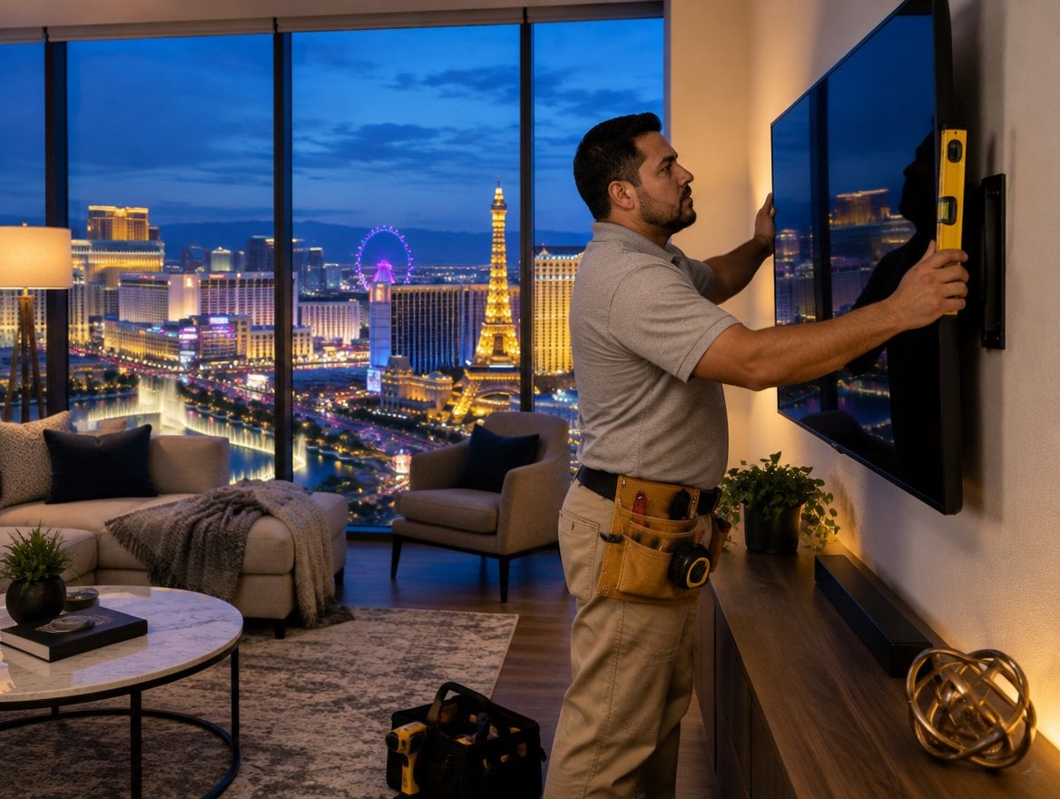 Handyman mounting a large TV on a living room wall